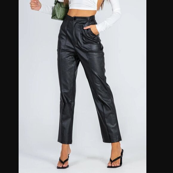 Princess Polly Encore Black Faux Leather High Rise Straight Leg Pants 6 - Picture 2 of 14